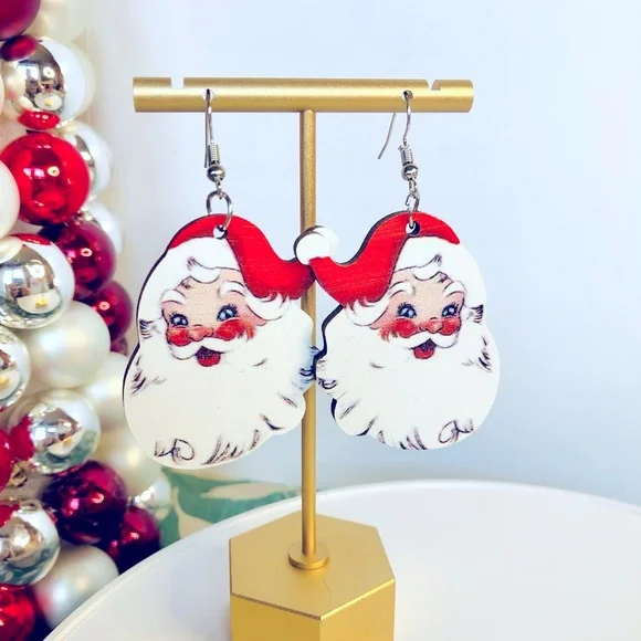 1Pair Wooden Christmas Santa Claus Decor Drop Dangle Earrings Women Xmas Gift - Picture 3 of 3